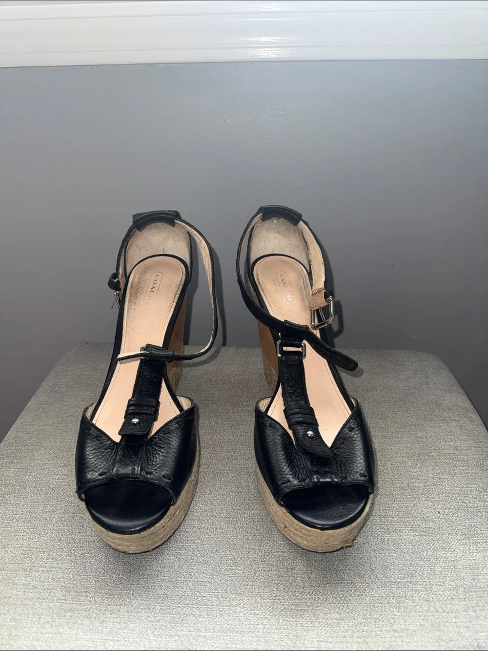 Coach Black Leather T-Strap Platform Wedge Sandals